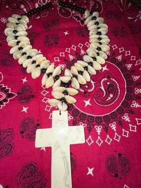 White Cross Statement Necklace with Beaded Shell Accents
